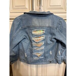 Tentree Girls Embellished Distressed Button Front Denim Jacket Blue Small